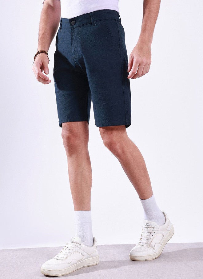 Hence Men Linen Relaxed Fit Mid-Rise Chino Shorts in Navy Blue - Image 2