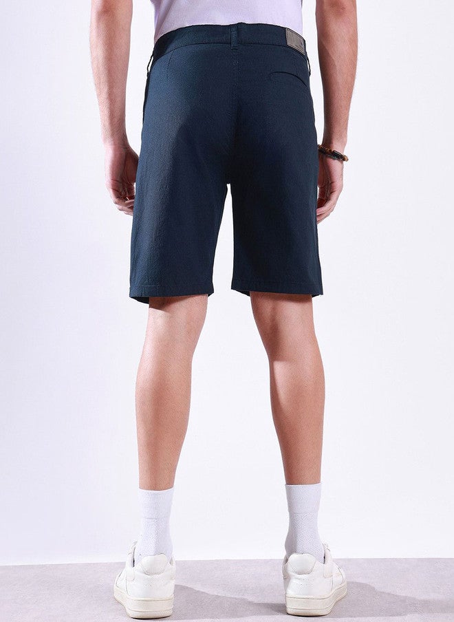 Hence Men Linen Relaxed Fit Mid-Rise Chino Shorts in Navy Blue - Image 3