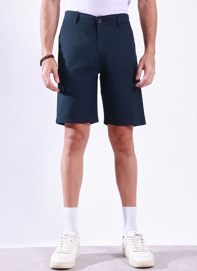 Hence Men Linen Relaxed Fit Mid-Rise Chino Shorts in Navy Blue - Image 1