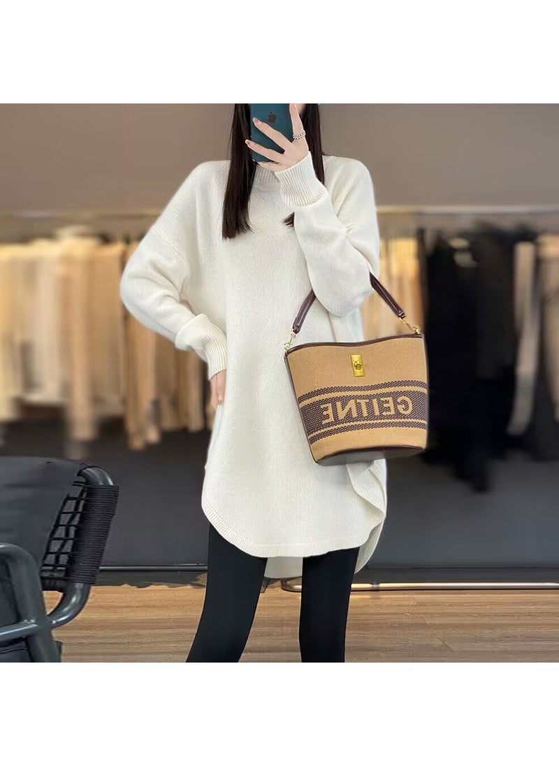 Generic - Medium-Length Womens Wool Sweater Autumn/Winter Innerknit Base Layer Top Solid Color Loose-Fit Crew Neck Pullover Gray camel - Image 1