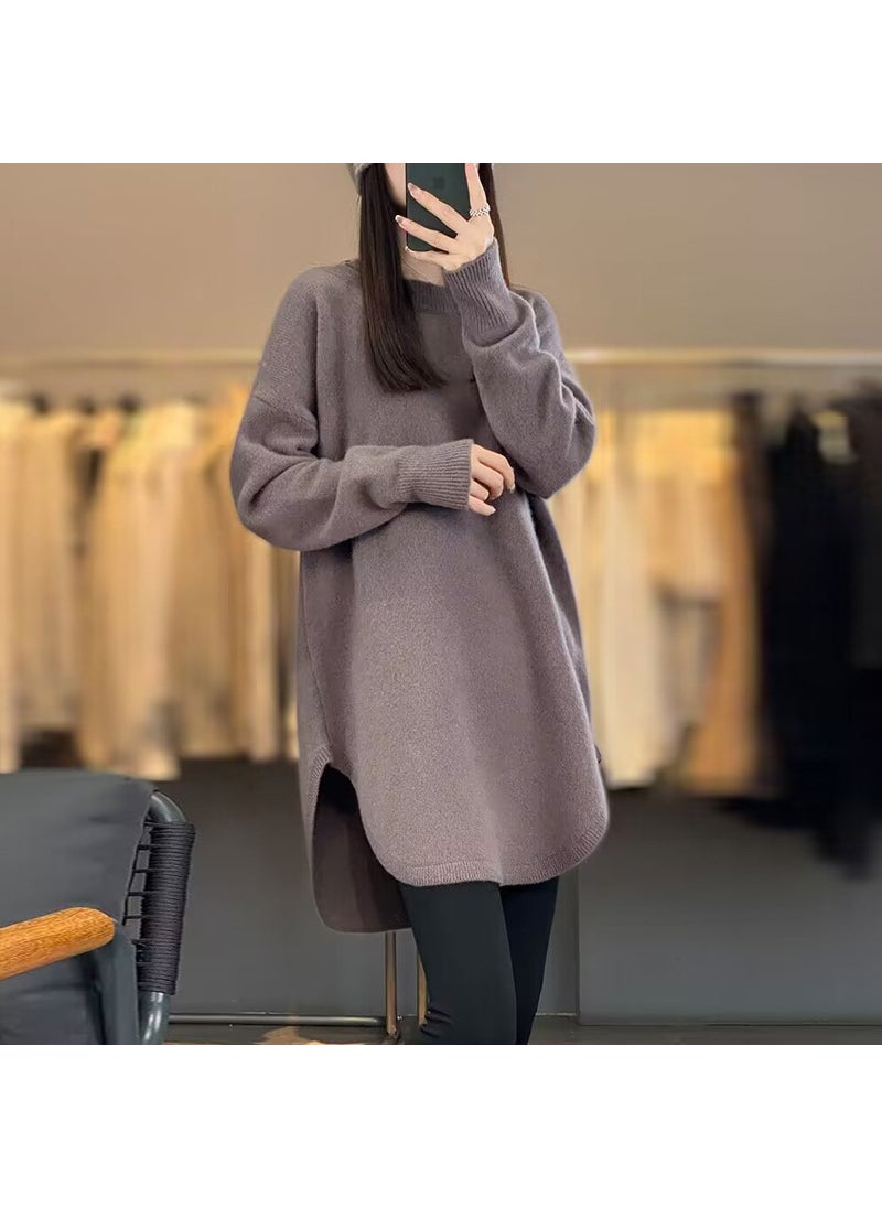 Generic - Medium-Length Womens Wool Sweater Autumn/Winter Innerknit Base Layer Top Solid Color Loose-Fit Crew Neck Pullover Gray camel - Image 1