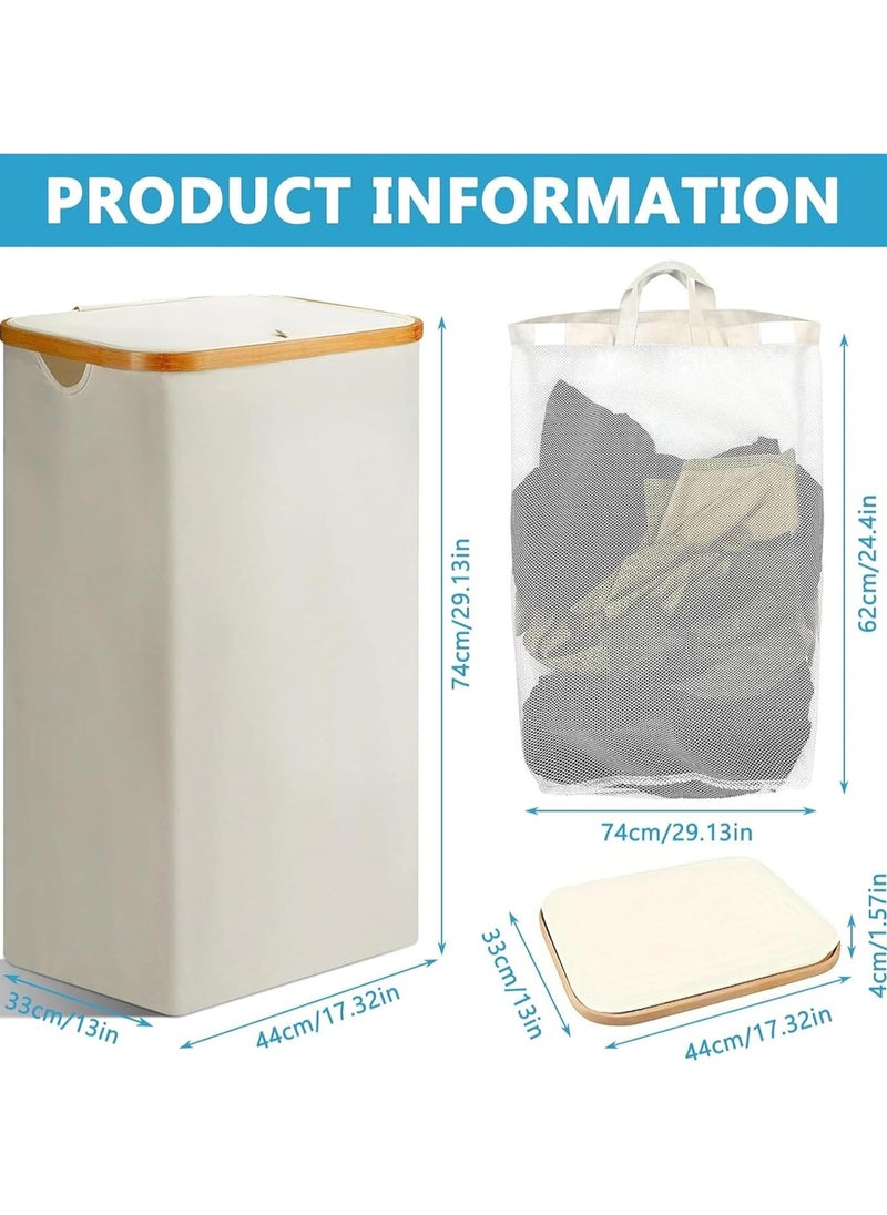 Taizz Ventures - 110L Laundry Hamper with Lid - Large Foldable Laundry Basket with Removable Inner Pocket | Taizz Ventures | Durable 600D Oxford Fabric & Bamboo Handles for Bedroom, Bathroom & Laundry Room 33x44x74cm - Cream - Image 1