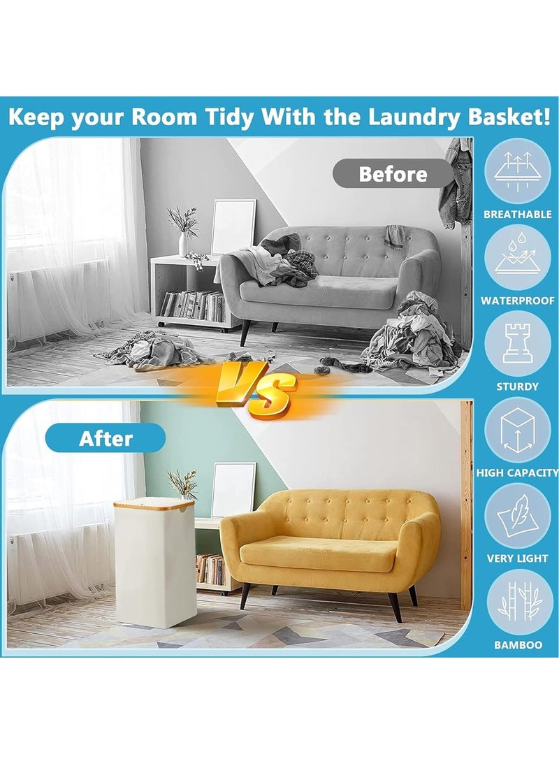 Taizz Ventures - 110L Laundry Hamper with Lid - Large Foldable Laundry Basket with Removable Inner Pocket | Taizz Ventures | Durable 600D Oxford Fabric & Bamboo Handles for Bedroom, Bathroom & Laundry Room 33x44x74cm - Cream - Image 1