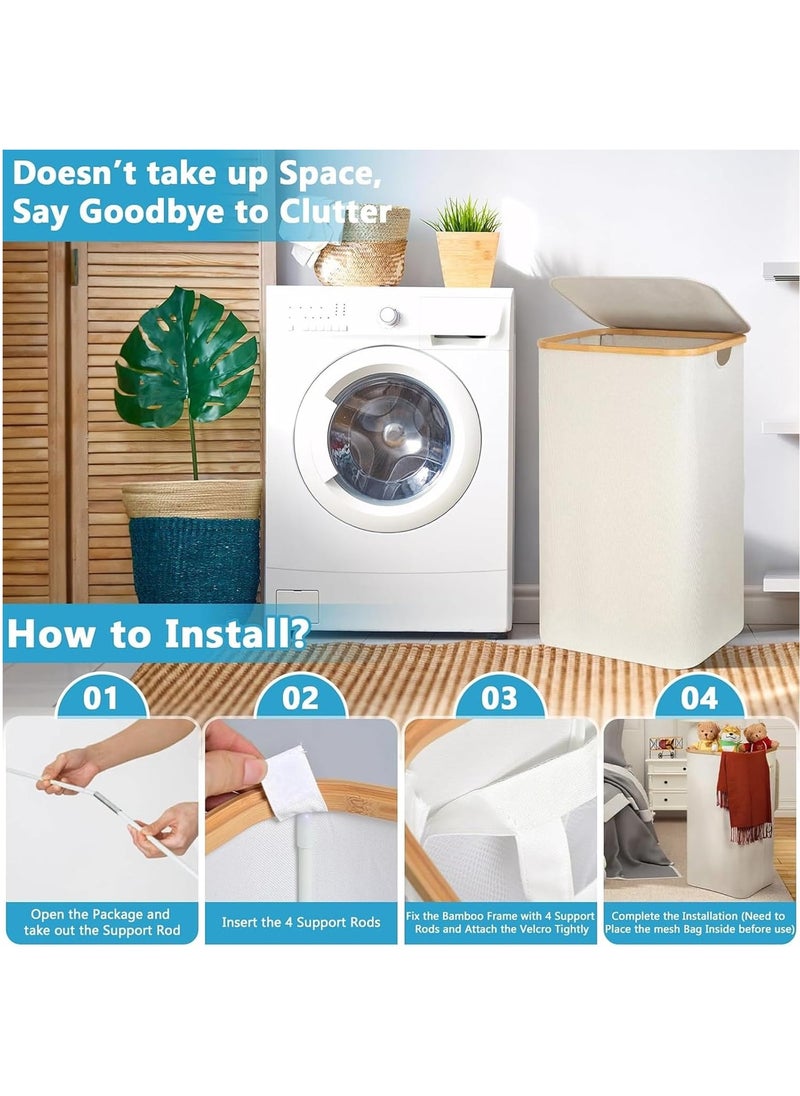 Taizz Ventures - 110L Laundry Hamper with Lid - Large Foldable Laundry Basket with Removable Inner Pocket | Taizz Ventures | Durable 600D Oxford Fabric & Bamboo Handles for Bedroom, Bathroom & Laundry Room 33x44x74cm - Cream - Image 1