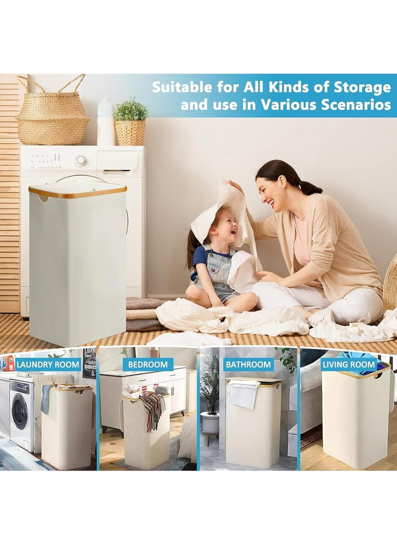 Taizz Ventures - 110L Laundry Hamper with Lid - Large Foldable Laundry Basket with Removable Inner Pocket | Taizz Ventures | Durable 600D Oxford Fabric & Bamboo Handles for Bedroom, Bathroom & Laundry Room 33x44x74cm - Cream - Image 1