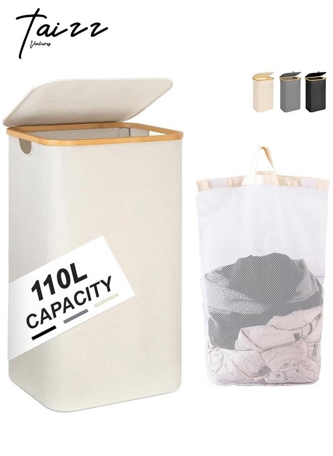 Taizz Ventures - 110L Laundry Hamper with Lid - Large Foldable Laundry Basket with Removable Inner Pocket | Taizz Ventures | Durable 600D Oxford Fabric & Bamboo Handles for Bedroom, Bathroom & Laundry Room 33x44x74cm - Cream - Image 1