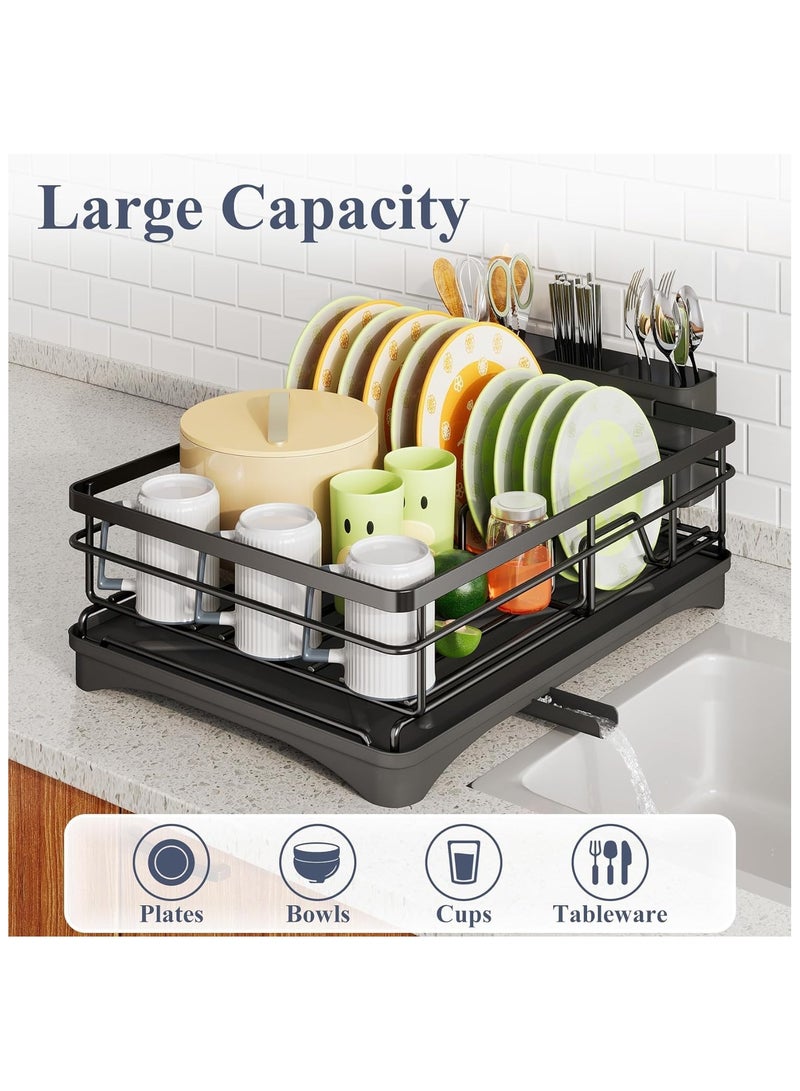 XICEN Dish Drying Rack, Extendable Dish Rack for Kitchen Counter, Stainless Steel Dish Strainer with Utensil Holder, Black - Image 2