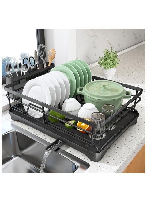 Dish Drying Rack, Extendable Dish Rack for Kitchen Counter, Stainless Steel Dish Strainer with Utensil Holder, Black
