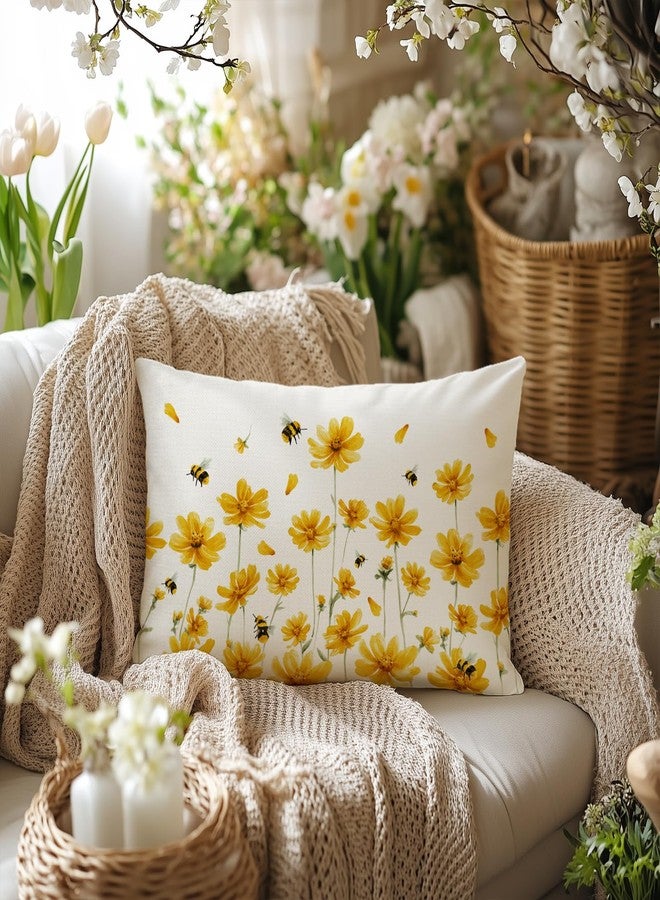 AACORS غطاء وسادة ربيعي من AACORS مقاس 12 × 20 بوصة، مزين بنقوش زهور الأقحوان والنحل، ديكور ريفي موسمي صيفي للوسادة، مناسب للأريكة (أصفر) - Image 5