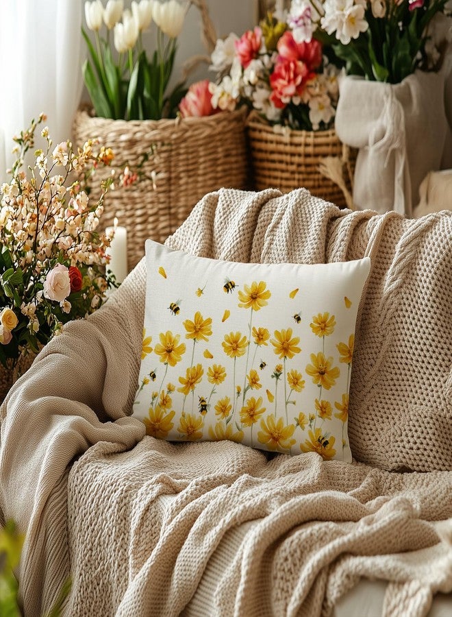 AACORS غطاء وسادة ربيعي من AACORS مقاس 12 × 20 بوصة، مزين بنقوش زهور الأقحوان والنحل، ديكور ريفي موسمي صيفي للوسادة، مناسب للأريكة (أصفر) - Image 3
