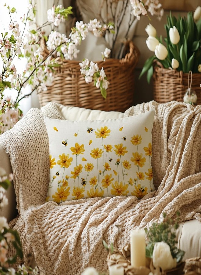 AACORS غطاء وسادة ربيعي من AACORS مقاس 12 × 20 بوصة، مزين بنقوش زهور الأقحوان والنحل، ديكور ريفي موسمي صيفي للوسادة، مناسب للأريكة (أصفر) - Image 4