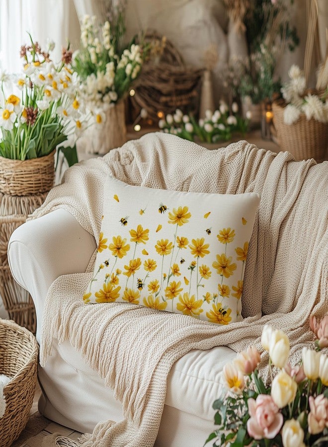 AACORS غطاء وسادة ربيعي من AACORS مقاس 12 × 20 بوصة، مزين بنقوش زهور الأقحوان والنحل، ديكور ريفي موسمي صيفي للوسادة، مناسب للأريكة (أصفر) - Image 2