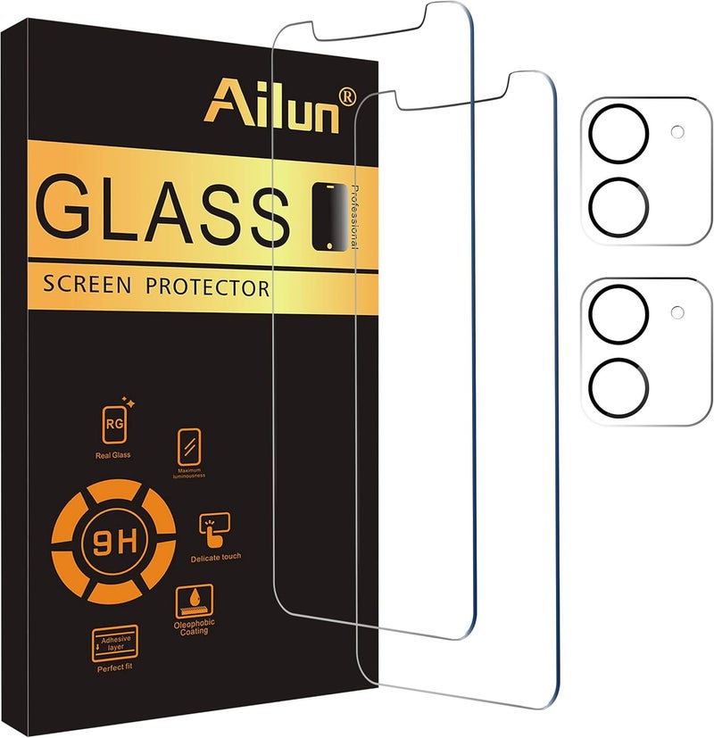 Ailun 2 Pack Screen Protector Compatible for iPhone 12 [6.1 inch] + 2 Pack Camera Lens Protector,Tempered Glass Film,[9H Hardness] - HD - Image 1
