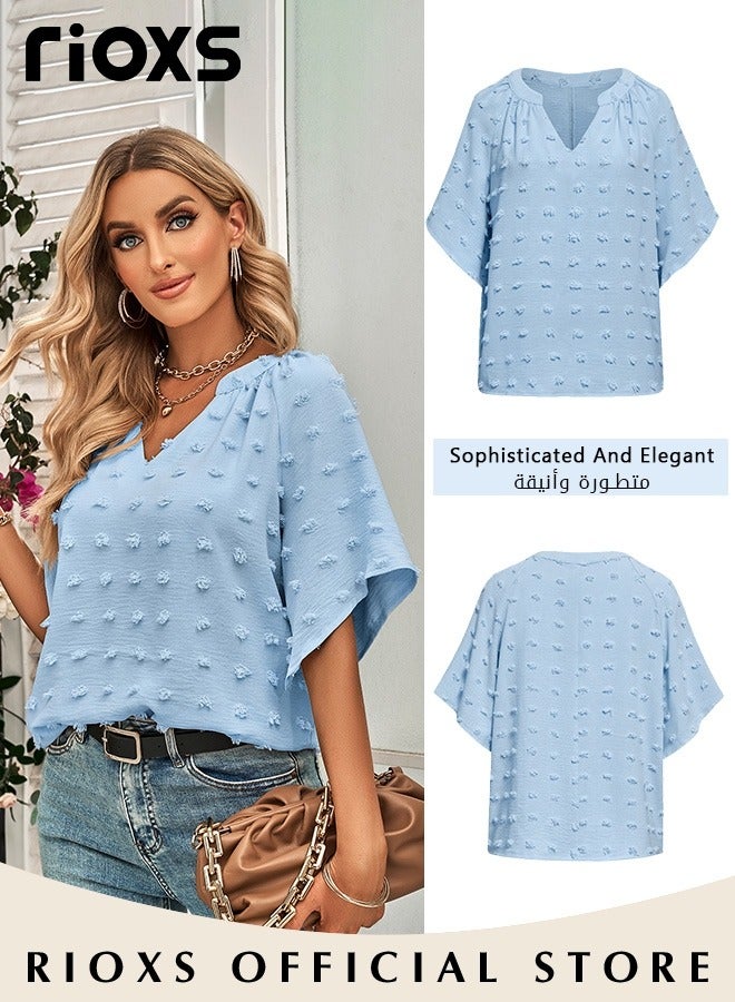 RIOXS Women's Summer Elegant T-shirt V-neck Ruffle Short Sleeve Top Casual Solid Color Chiffon Cool Shirt for Daily Wear  - Image 5