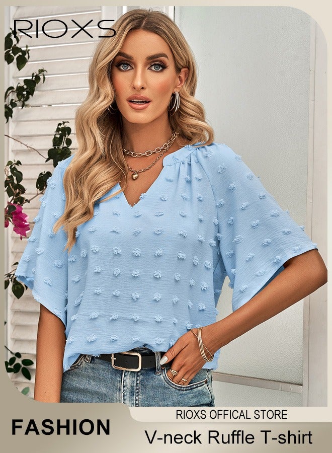 RIOXS Women's Summer Elegant T-shirt V-neck Ruffle Short Sleeve Top Casual Solid Color Chiffon Cool Shirt for Daily Wear  - Image 1