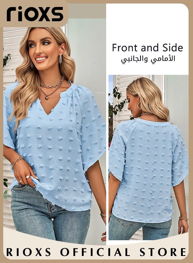 RIOXS Women's Summer Elegant T-shirt V-neck Ruffle Short Sleeve Top Casual Solid Color Chiffon Cool Shirt for Daily Wear  - Image 3