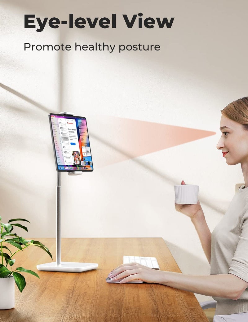 proffisy iPad Stand 21" Height Adjustable Tablet Stand for Table with 360 Degree Rotation Heavy Duty Aluminum Tablet Stand for iPad Pro Air Mini Samsung Lenovo Tab Xiaomi Pad and Cellphone,White - Image 3