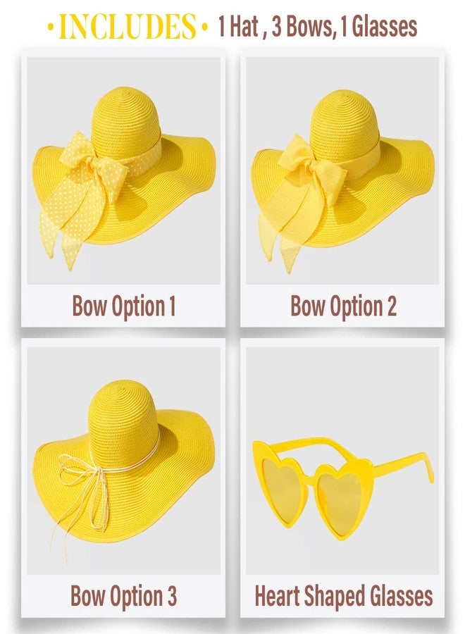 Funcredible Floppy Hats for Women - Yellow Wide Brim Straw Hat - Large Fun Sun Hat for Women Summer Look with Bow and Heart Shape Glasses for Brunch - Image 2