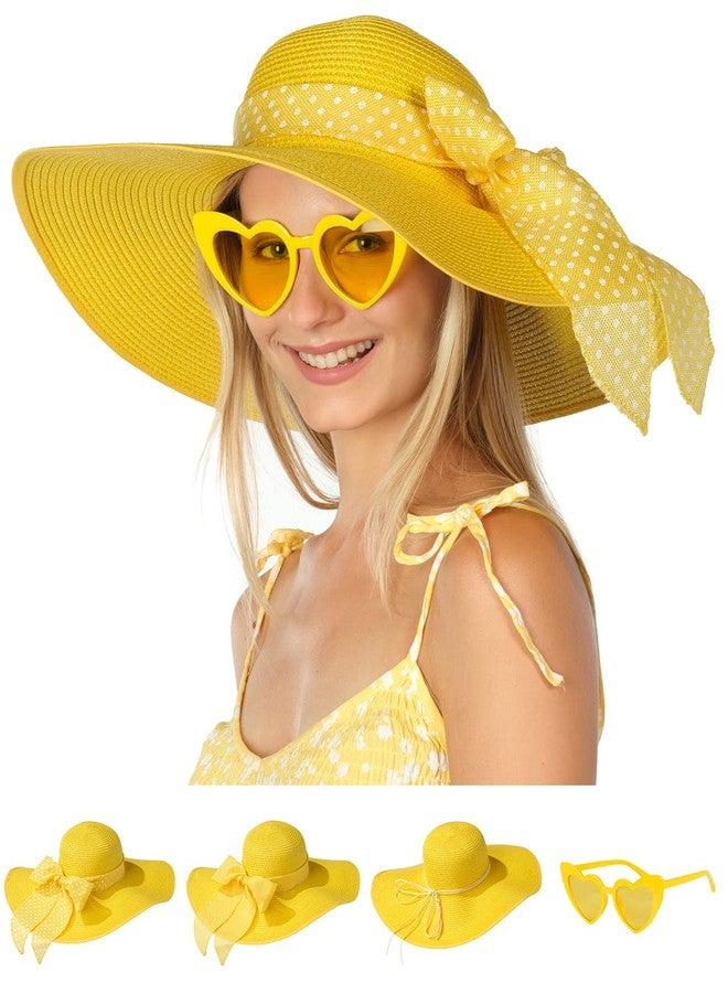 Funcredible Floppy Hats for Women - Yellow Wide Brim Straw Hat - Large Fun Sun Hat for Women Summer Look with Bow and Heart Shape Glasses for Brunch - Image 1