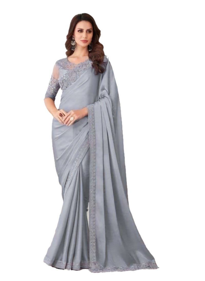 Grab Mantra - Pure Chiffon Grey Silk Saree With Embroidered Border Plus Designer Net Fancy Unstitched Blouse - Image 1