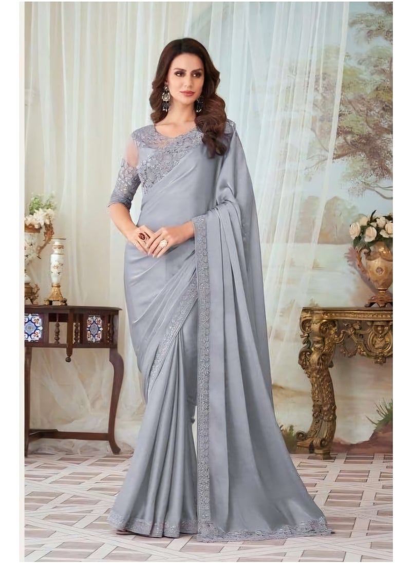 Grab Mantra - Pure Chiffon Grey Silk Saree With Embroidered Border Plus Designer Net Fancy Unstitched Blouse - Image 1