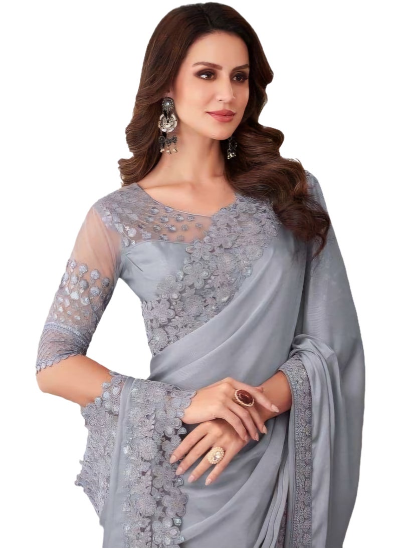 Grab Mantra - Pure Chiffon Grey Silk Saree With Embroidered Border Plus Designer Net Fancy Unstitched Blouse - Image 1