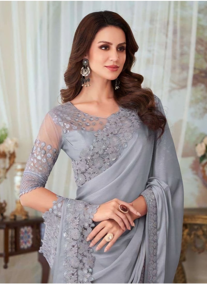 Grab Mantra - Pure Chiffon Grey Silk Saree With Embroidered Border Plus Designer Net Fancy Unstitched Blouse - Image 1