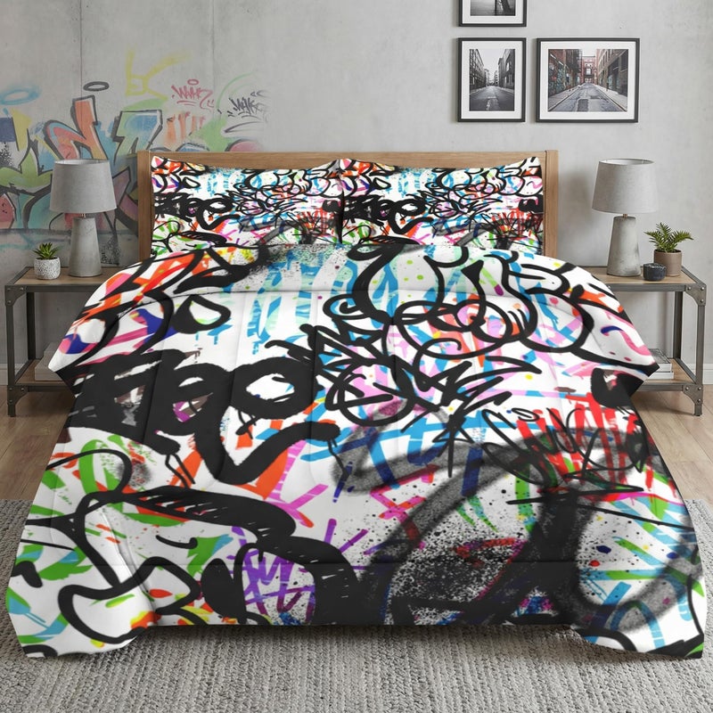 WeCozy Queen Size Comforter Set with 2 Pillowcases, Music Abstract Graffiti 3 Pcs Bedding Set for Kids and Adults, Urban Skateboard Soft Comforter Set for Bedroom Bed Decor - Image 1