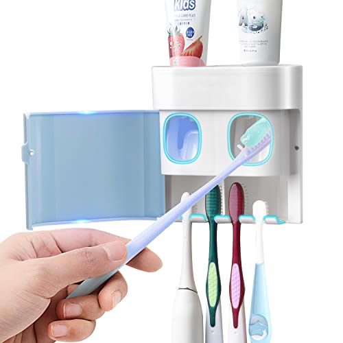 GFWARE Toothbrush Holder Toothpaste Dispenser Wall Mounted with Cover, 4 Slots Electric Tooth Brush Storage Organizer with 2 Automatic Kids Toothpaste Squeezers for Shower Bathroom Blue, Self Adhesive - Image 1