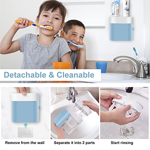 GFWARE Toothbrush Holder Toothpaste Dispenser Wall Mounted with Cover, 4 Slots Electric Tooth Brush Storage Organizer with 2 Automatic Kids Toothpaste Squeezers for Shower Bathroom Blue, Self Adhesive - Image 4