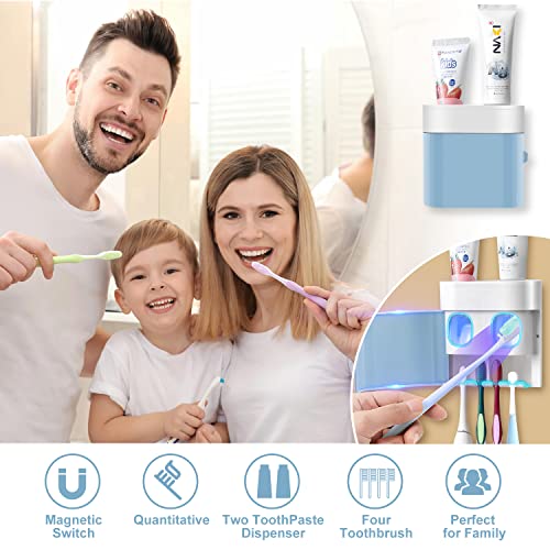 GFWARE Toothbrush Holder Toothpaste Dispenser Wall Mounted with Cover, 4 Slots Electric Tooth Brush Storage Organizer with 2 Automatic Kids Toothpaste Squeezers for Shower Bathroom Blue, Self Adhesive - Image 5