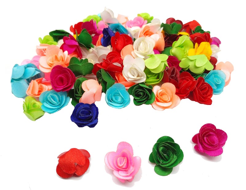 PRANSUNITA 90 pcs Mini Stem Less Satan Rose Flower Heads - for Dresses Weddings, Radha Krishna & Baby Shower Decoration Crafts – Multi Color - Image 1