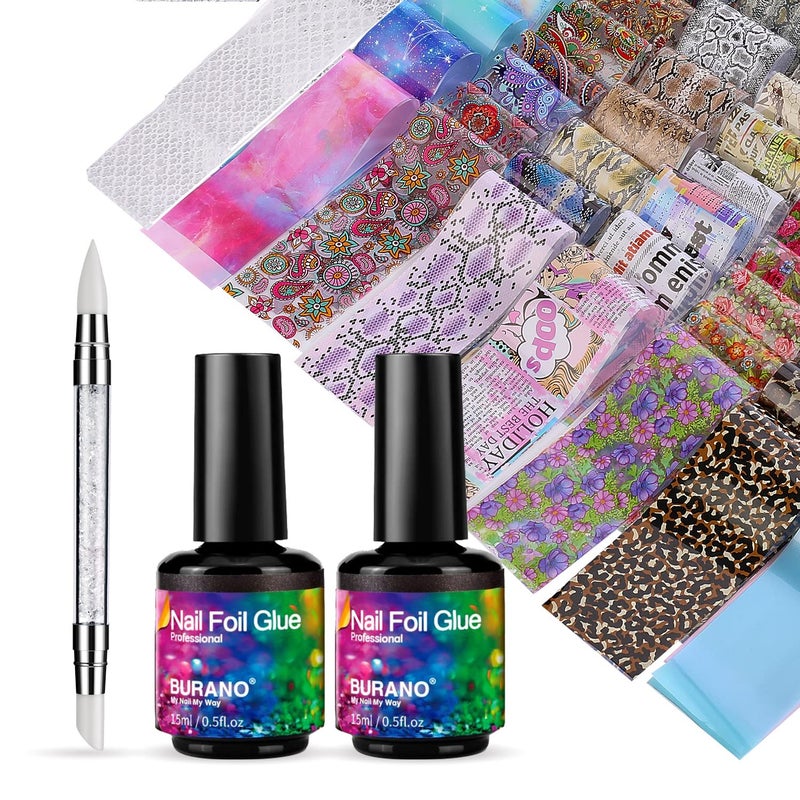 BURANO Nail Foil Glue Gel, 15ML 2 Bottles with 100PCS Foil Sticker Nails Foils Adhesive and Rubber Nail Push Pen for Designer Transfer Gel Polish - Image 1