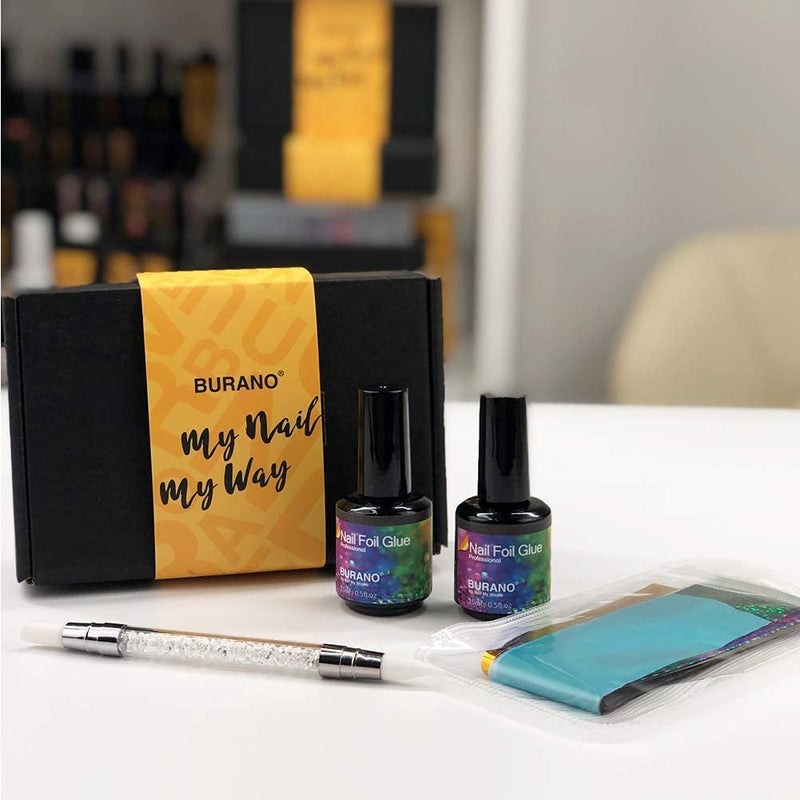 BURANO Nail Foil Glue Gel, 15ML 2 Bottles with 100PCS Foil Sticker Nails Foils Adhesive and Rubber Nail Push Pen for Designer Transfer Gel Polish - Image 5