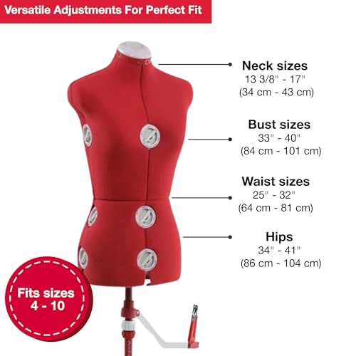 SINGER Female Adjustable Red Dress Form Fits Sizes 4-10 Pinnable Mannequin Body Torso with 360 Degree Hem Guide, Foam-Backed Fabric Exterior, 12 Dials, Tri-Pod Stand - Image 2