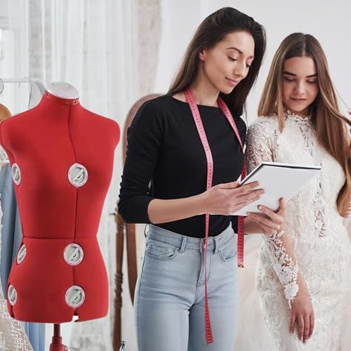 SINGER Female Adjustable Red Dress Form Fits Sizes 4-10 Pinnable Mannequin Body Torso with 360 Degree Hem Guide, Foam-Backed Fabric Exterior, 12 Dials, Tri-Pod Stand - Image 5
