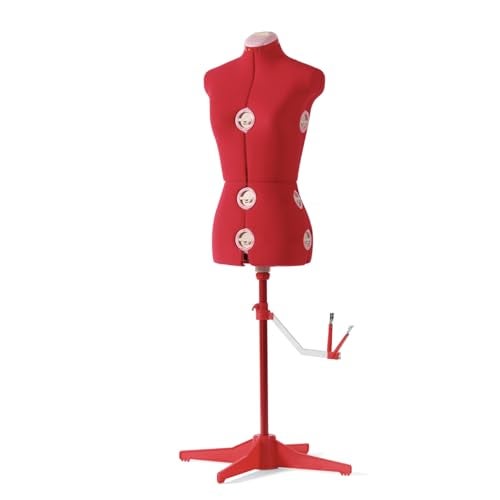 SINGER Female Adjustable Red Dress Form Fits Sizes 4-10 Pinnable Mannequin Body Torso with 360 Degree Hem Guide, Foam-Backed Fabric Exterior, 12 Dials, Tri-Pod Stand - Image 1