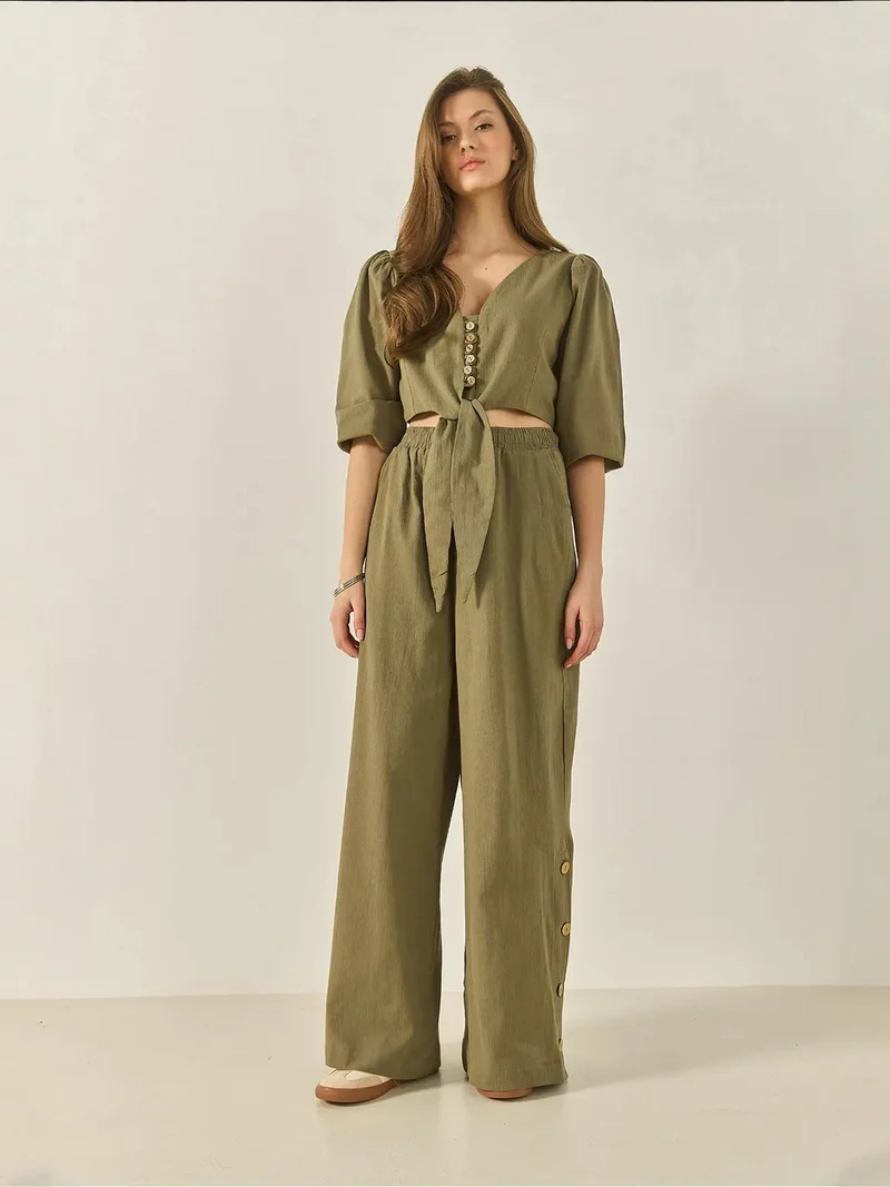 Bianco Lucci LUCCI Textured V-Neck Long Sleeve Two-Piece Coord Set