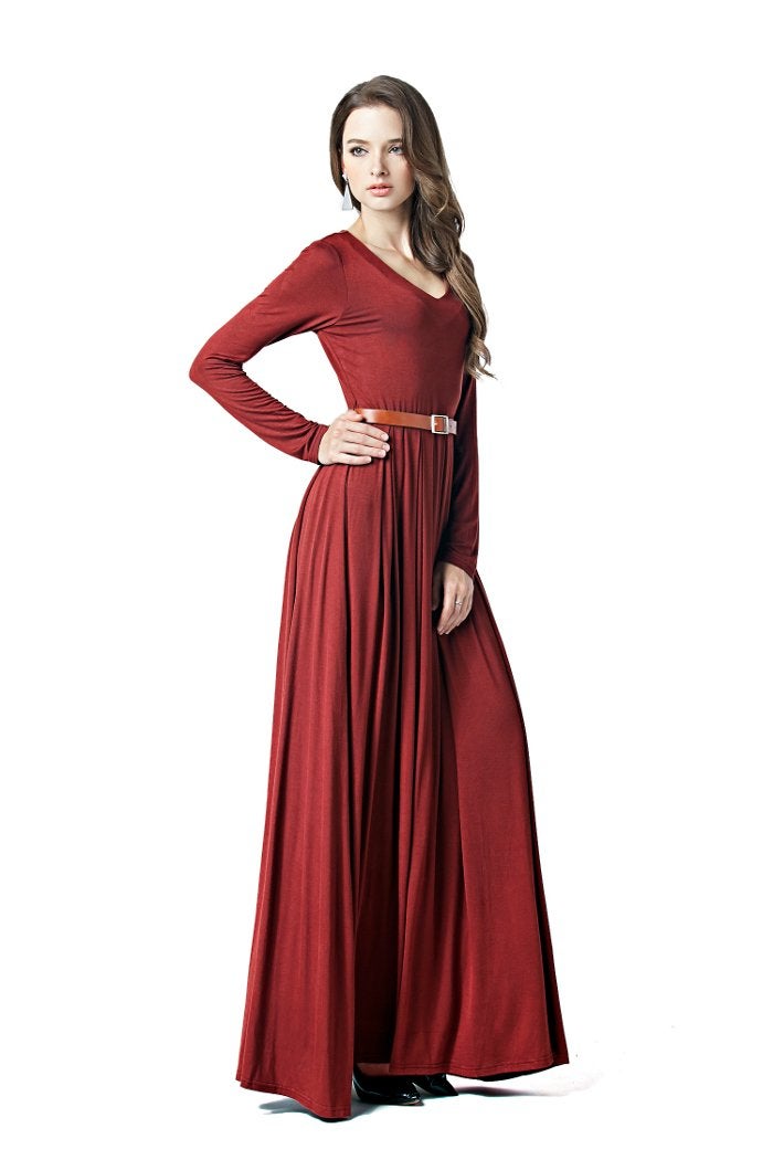 Charm Your Prince CYP Women's V-Neck Long Sleeve Elegant Formal Cocktail Evening Belted Maxi Dress Red L - Image 5