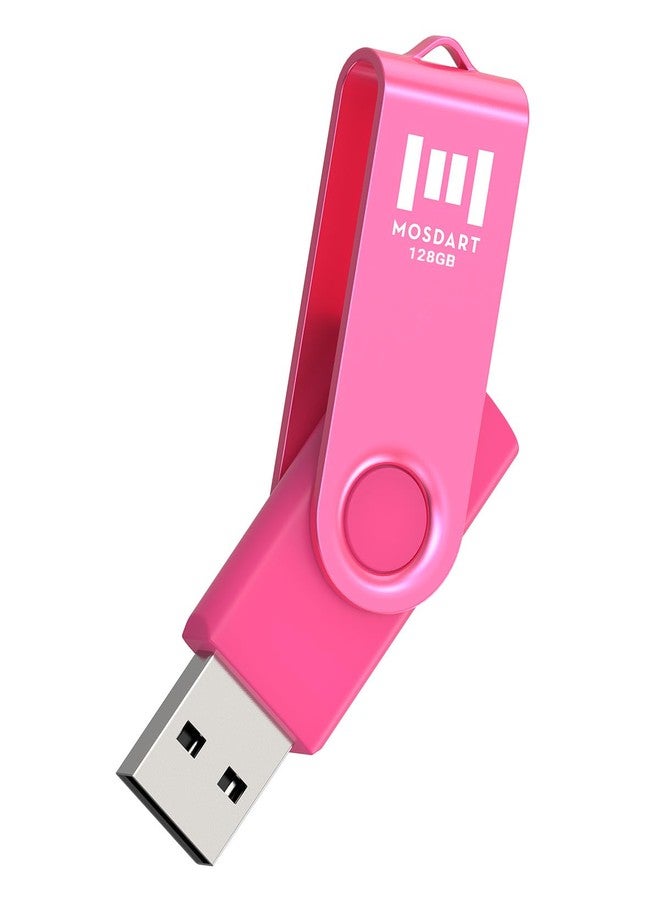 MOSDART 128GB USB 2.0 Flash Drive with Keychain Loop, Swivel Design with LED Light, exFAT Memory Stick for Computers, System Backup, Data Storage, Hot Pink - Image 1