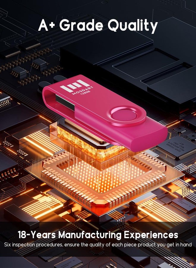MOSDART 128GB USB 2.0 Flash Drive with Keychain Loop, Swivel Design with LED Light, exFAT Memory Stick for Computers, System Backup, Data Storage, Hot Pink - Image 4