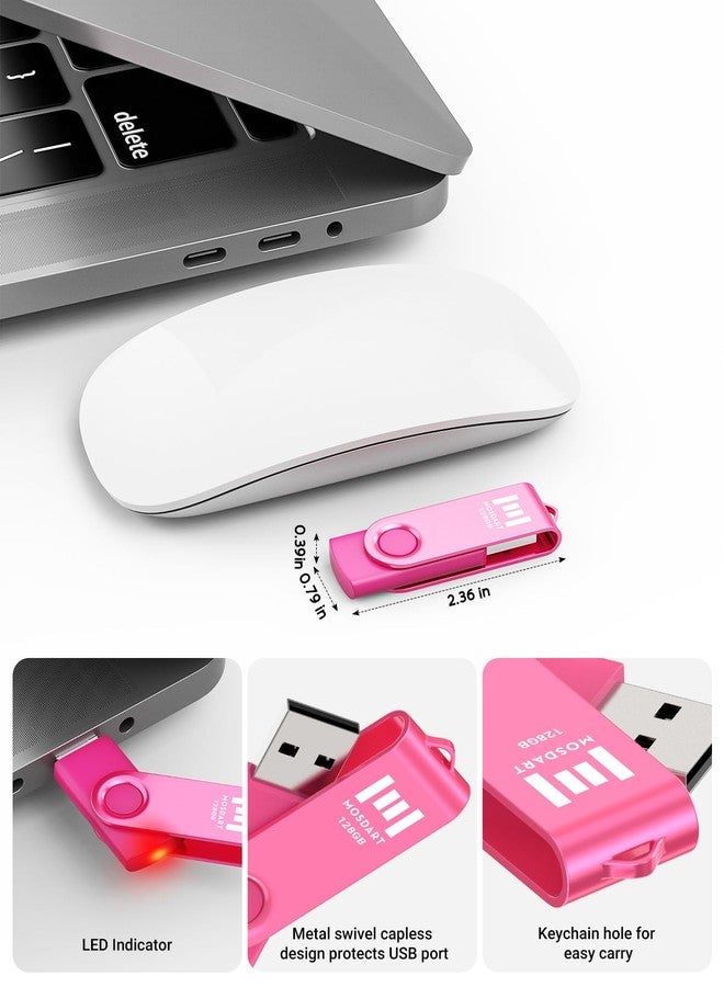 MOSDART 128GB USB 2.0 Flash Drive with Keychain Loop, Swivel Design with LED Light, exFAT Memory Stick for Computers, System Backup, Data Storage, Hot Pink - Image 2