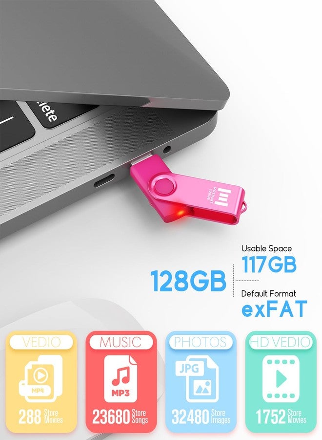 MOSDART 128GB USB 2.0 Flash Drive with Keychain Loop, Swivel Design with LED Light, exFAT Memory Stick for Computers, System Backup, Data Storage, Hot Pink - Image 5