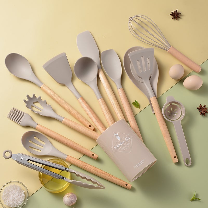 Light Version 750G Silicone Kitchenware Set Wooden Handle 14 Piece Set Kitchen Tools Cooking Spatula Set 14 Piece Set - Image 4