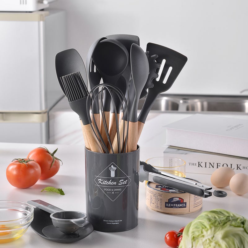 Light Version 750G Silicone Kitchenware Set Wooden Handle 14 Piece Set Kitchen Tools Cooking Spatula Set 14 Piece Set - Image 5