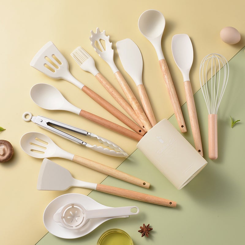 Light Version 750G Silicone Kitchenware Set Wooden Handle 14 Piece Set Kitchen Tools Cooking Spatula Set 14 Piece Set - Image 1