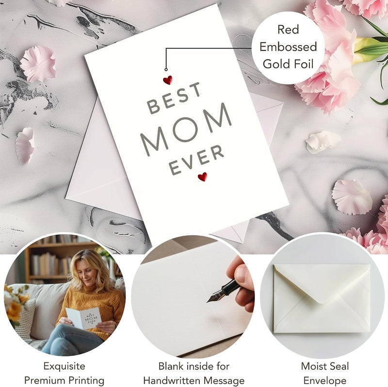 Paper Play Mother's Day Card (Best Mom Ever) - Elegant Mothers Day Card with Envelope, Red Embossed Foil Hearts 4 x 6 Inches - Image 4