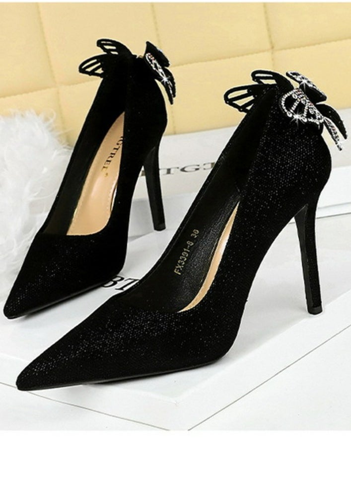 BIGTREE Women's Closed Pointed Toe Stiletto Pumps Suede Rhinestone Bowknot Decoration High Heels 10CM Black  - Image 1