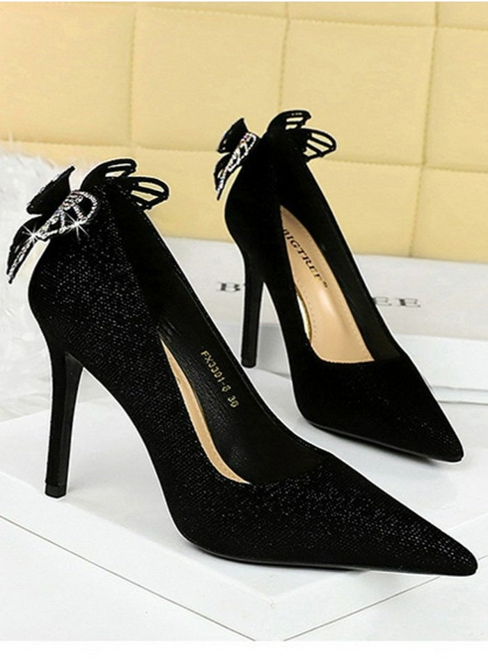 BIGTREE Women's Closed Pointed Toe Stiletto Pumps Suede Rhinestone Bowknot Decoration High Heels 10CM Black  - Image 2