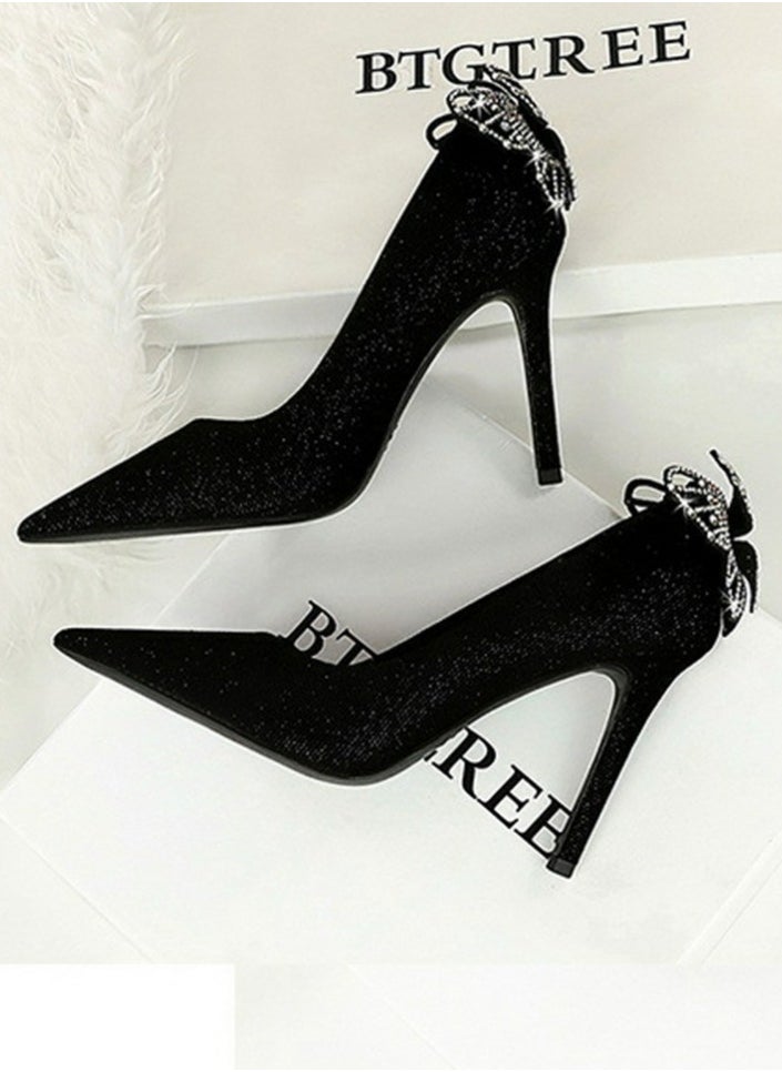 BIGTREE Women's Closed Pointed Toe Stiletto Pumps Suede Rhinestone Bowknot Decoration High Heels 10CM Black  - Image 3